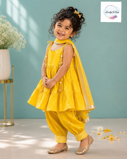 Sunshine Yellow Pure Cotton Girls Afghani Salwar Set with Dupatta