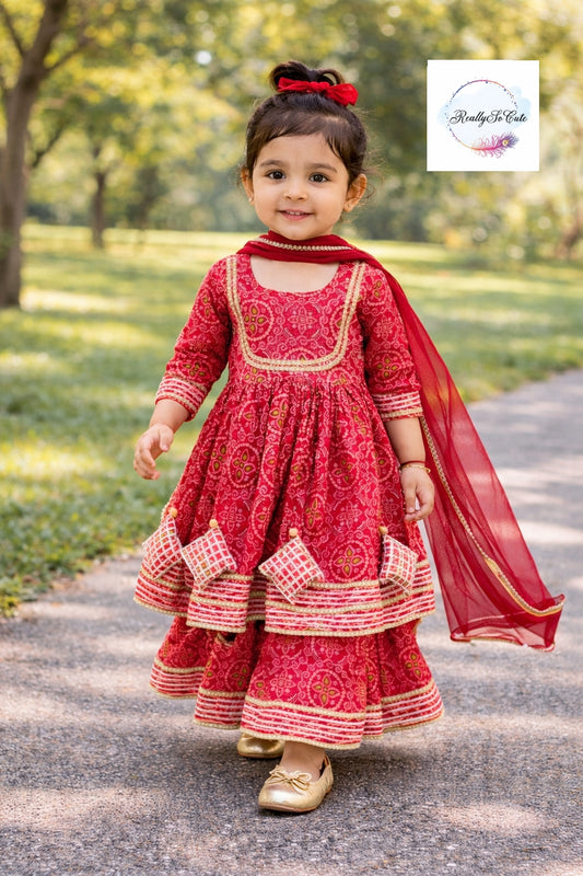Red Bandhani Cotton Sharara Set for Girls (3M–14Y) | Soft Ethnic Kidswear