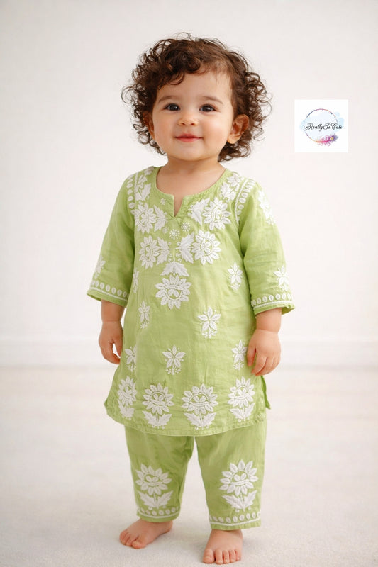 Green Little Girls Chikankari Silk Kurtis pant Set, Girls chanderi Chikankari Dress
