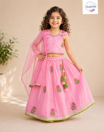 Blush Pink Floral Mul Cotton Girls Lehenga Choli Set with Dupatta