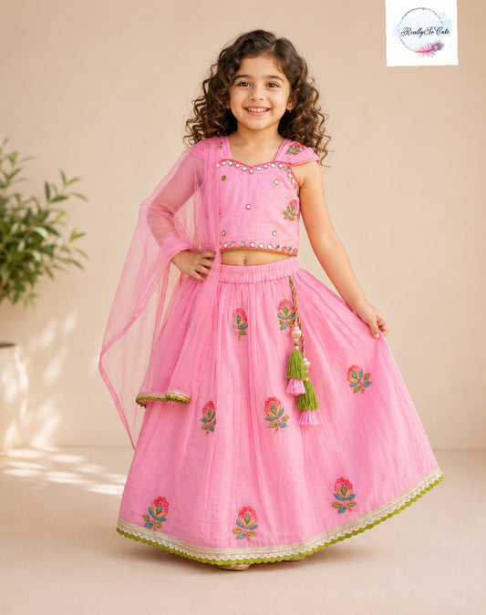 Blush Pink Floral Mul Cotton Girls Lehenga Choli Set with Dupatta