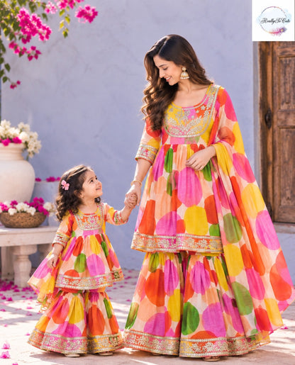Girls Multicolor Printed Pure Cotton Sharara Set with Dupatta | Festive Ethnic Wear