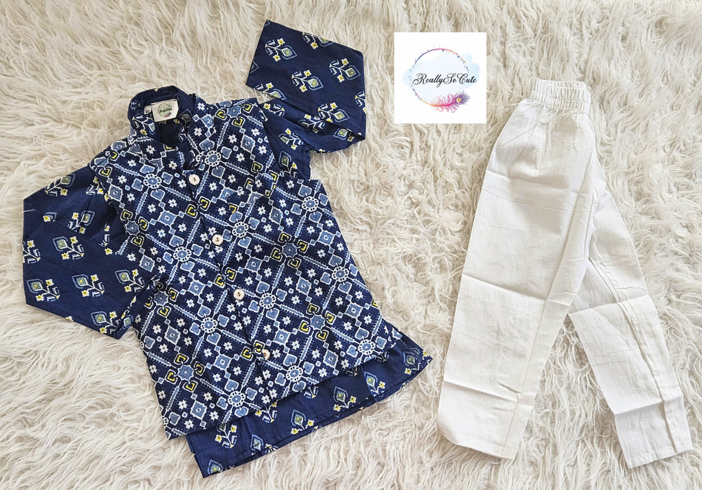 Boys' patola blue kurta pajama with jacket, cotton kurta pajama