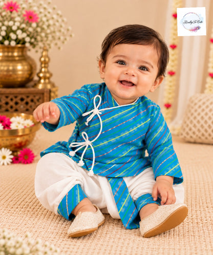 Blue Leheriya Print Pure Cotton Angrakha Kurta & Dhoti Set | 0–2Y