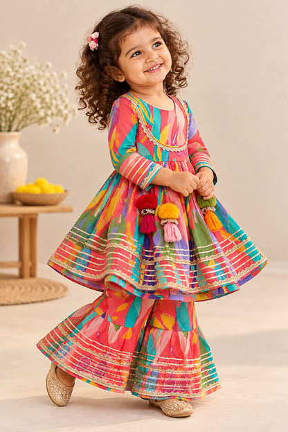 Girls Multicolor Printed Peplum Sharara Set with Tassels & Gota Patti Work