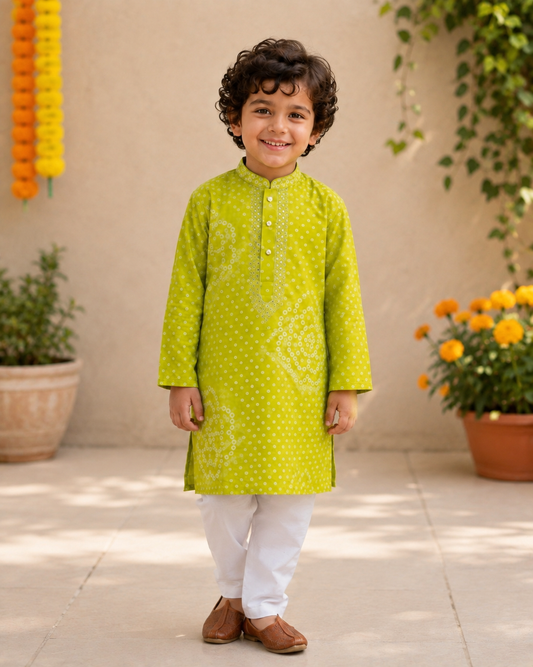 Lime Green Pure Cotton Mirror Work Kurta Pajama Set for Boys