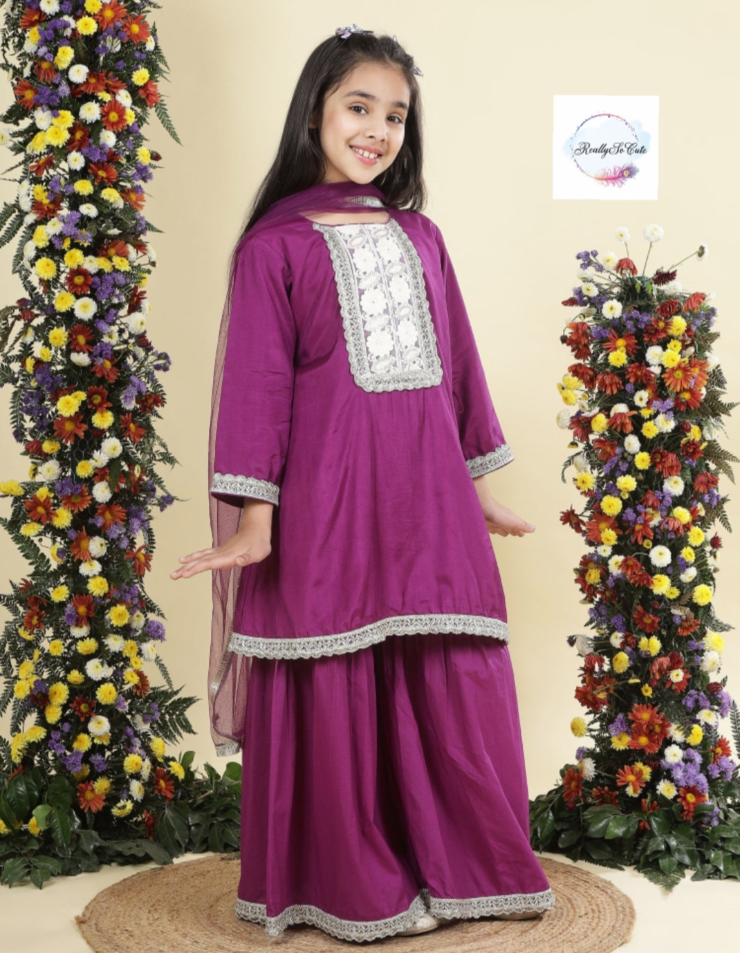 Purple silk kurti sharara dupatta set, Muslin silk kurta sharara