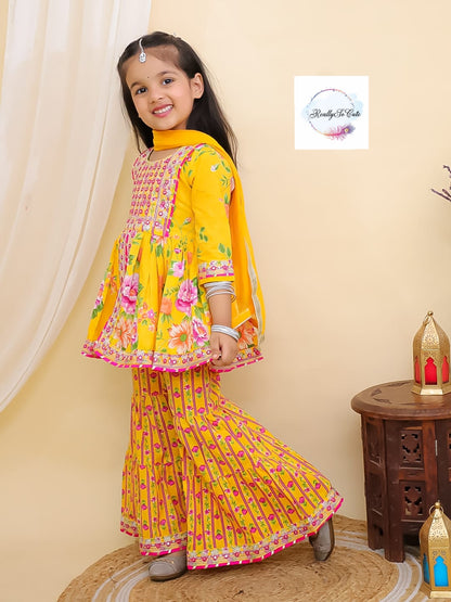 Yellow floral girl kurti sharara set, cotton kurta sharara
