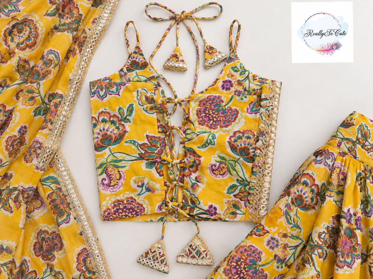 Mustard Yellow Floral Print Girls Chaniya Choli Lehenga Set with Dupatta & Mirror Work
