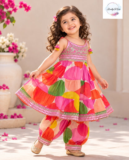 Girls Multicolor Floral Print Pure Cotton Kurti & Pant Set with Mirror Work | 1–5 Years