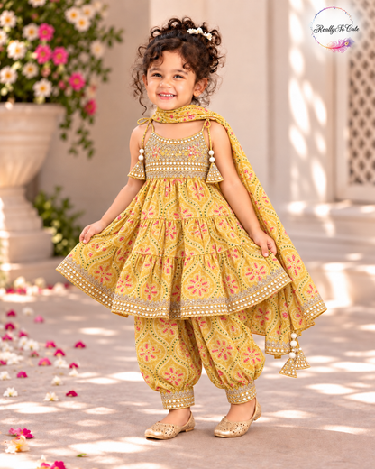 Yellow Bandhani Muslin Cotton Afghan Salwar Set, sibling combo