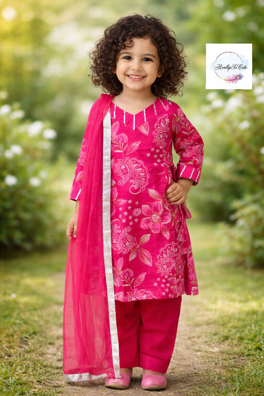 Floral Muslin Sharara Set for Girls | Soft & Breathable Ethnic Wear 3M–14Y, Hot pink kurti sharara set