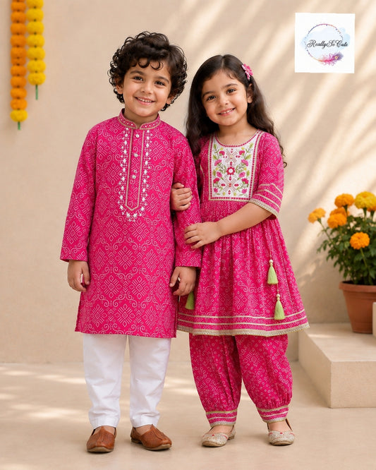 Pink Bandhani Pure Cotton Boys Kurta Pajama Set with Mirror Work