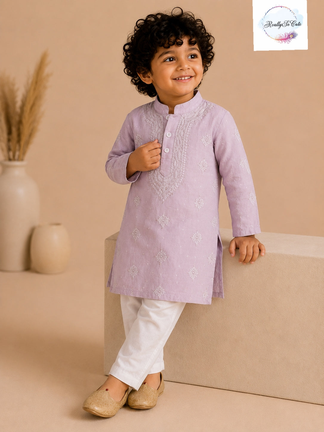 Boys Mauve Pink Handwork Chikankari Kurta Pajama Set | Pure Cotton