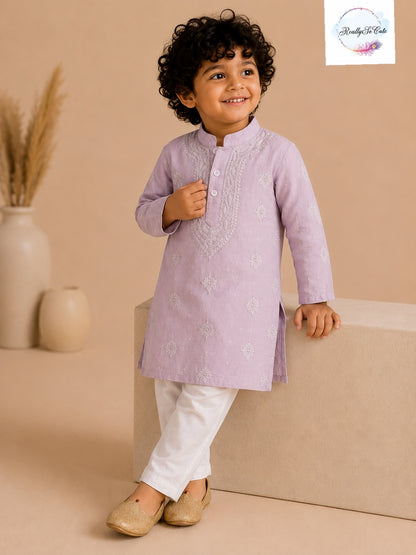 Boys Mauve Pink Handwork Chikankari Kurta Pajama Set | Pure Cotton