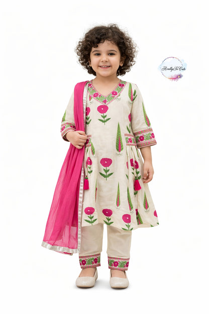 Girls Floral Handloom Cotton Kurta Set | Ethnic Wear (3M–15Y)Pink girl ethnic wear