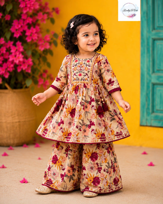 Beige Floral Cotton Sharara Set for Girls | Embroidered Ethnic Wear with Tassel Tie | Sizes 18M–10 Years