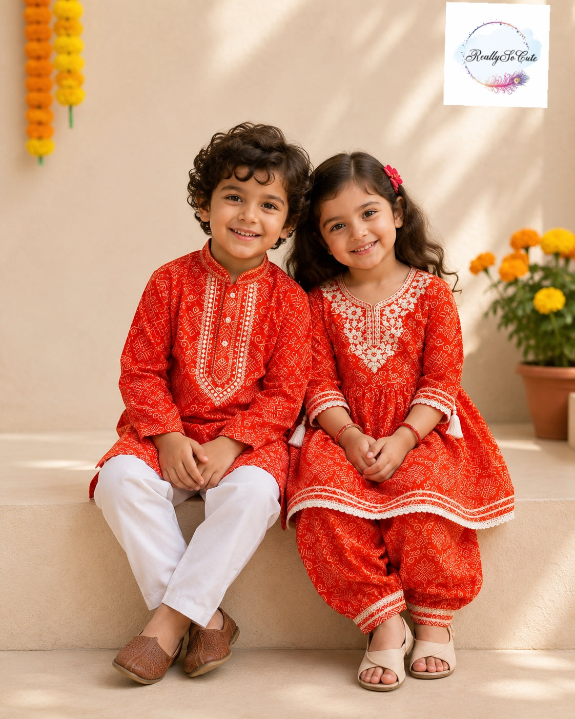 Rust Pure Cotton Mirror Work Kurta Pajama Set for Boys