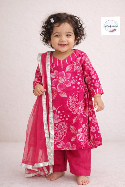 Floral Muslin Sharara Set for Girls | Soft & Breathable Ethnic Wear 3M–15Y, Hot pink kurti sharara set