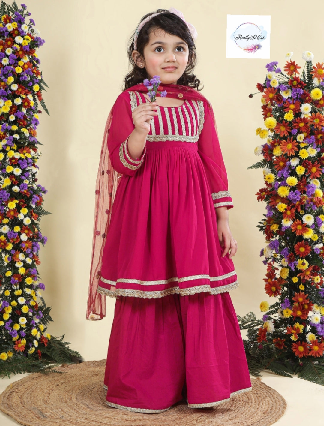 Hot pink Girls 3 piece sharara Kurti set, Soft Georgette kurti sharara set