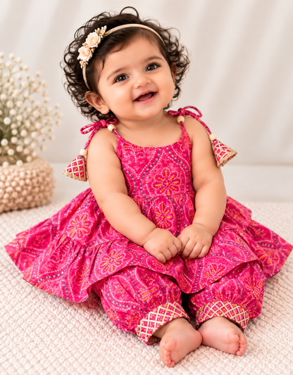 Baby Girls Multicolor pink Bandhani Ethnic Wear Sets | 0–6 Months