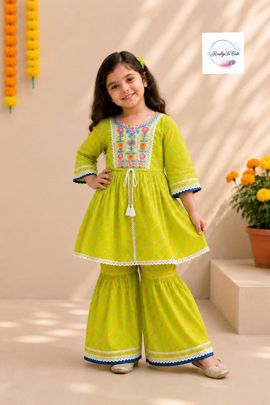 Lime Leheriya Pure Cotton Girls Sharara Set