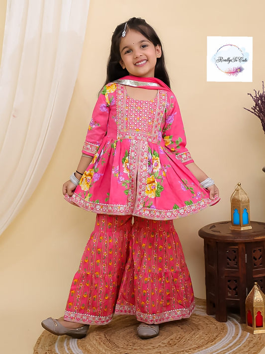 Pink floral girl kurti sharara set, cotton kurta sharara