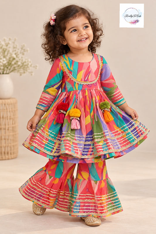Girls Multicolor Printed Peplum Sharara Set with Tassels & Gota Patti Work
