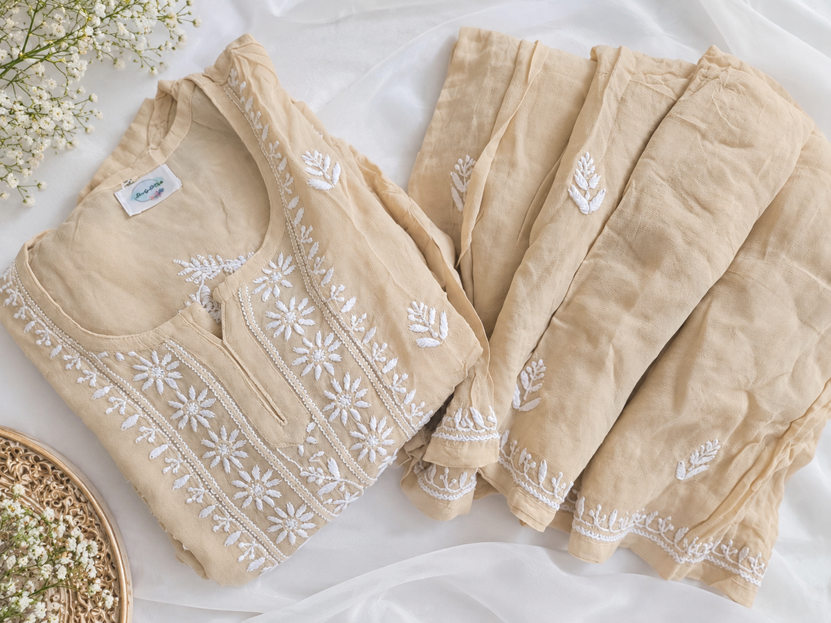 Girls Beigr Chikankari Georgette 4-Piece Sharara Set