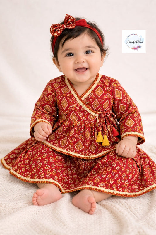 Red Cotton Baby Lehenga Set with Angarakha Wrap Top (0–2Y)