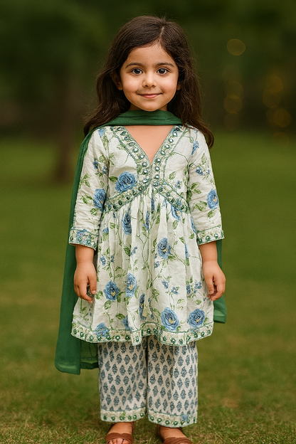Girls soft cotton sage green Embroidered Kurtis Salwar set
