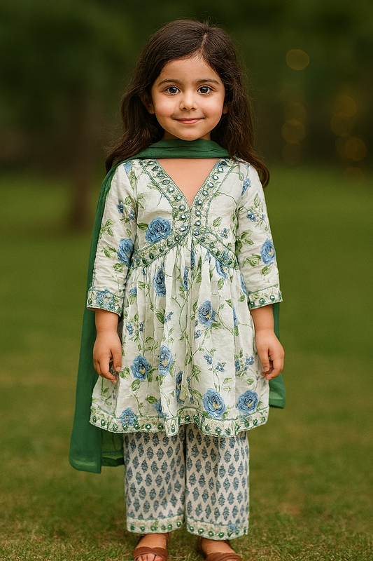 Girls soft cotton sage green Embroidered Kurtis Salwar set