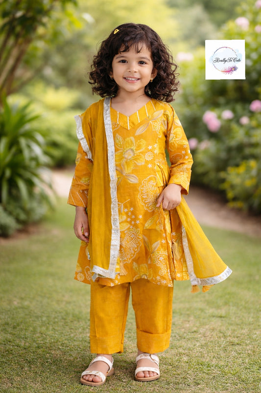 Floral Muslin Sharara Set for Girls | Soft & Breathable Ethnic Wear 3M–14Y, Gold mustard kurti sharara set