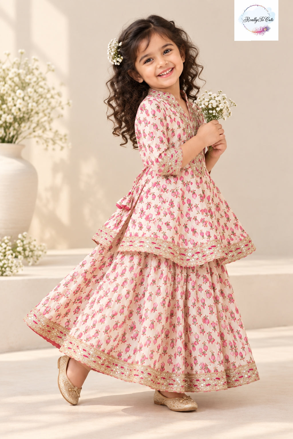 Girls Blush Pink Floral Print Pure Cotton Kurta Lehenga Set | 1–5 Years