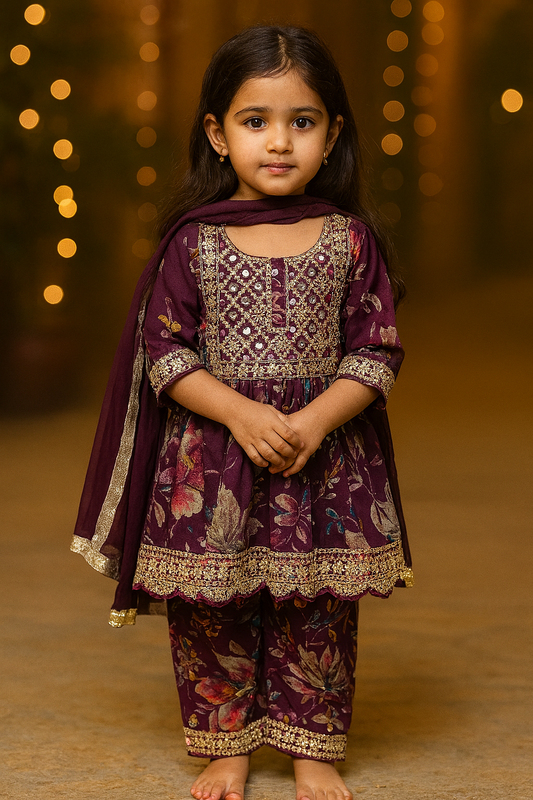 Girls 3 Piece Embroidered chanderi silk Kurtis pant set