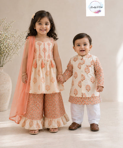 Peach Cotton Ethnic Girl Set | Soft Festive Indian Outfit for Kids (Girl set only)block print set