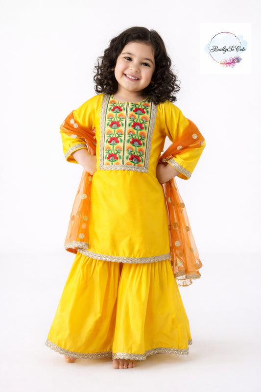 Yellow chanderi kurti sharara dupatta set, Muslin silk kurta sharara