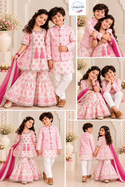 Boys Floral Pure Cotton Kurta Pajama with Nehru Jacket | Kids Ethnic Wear