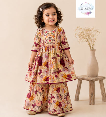 Beige Floral Cotton Sharara Set for Girls | Embroidered Ethnic Wear with Tassel Tie | Sizes 18M–10 Years