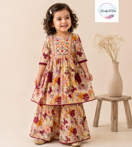 Beige Floral Cotton Sharara Set for Girls | Embroidered Ethnic Wear with Tassel Tie | Sizes 18M–10 Years