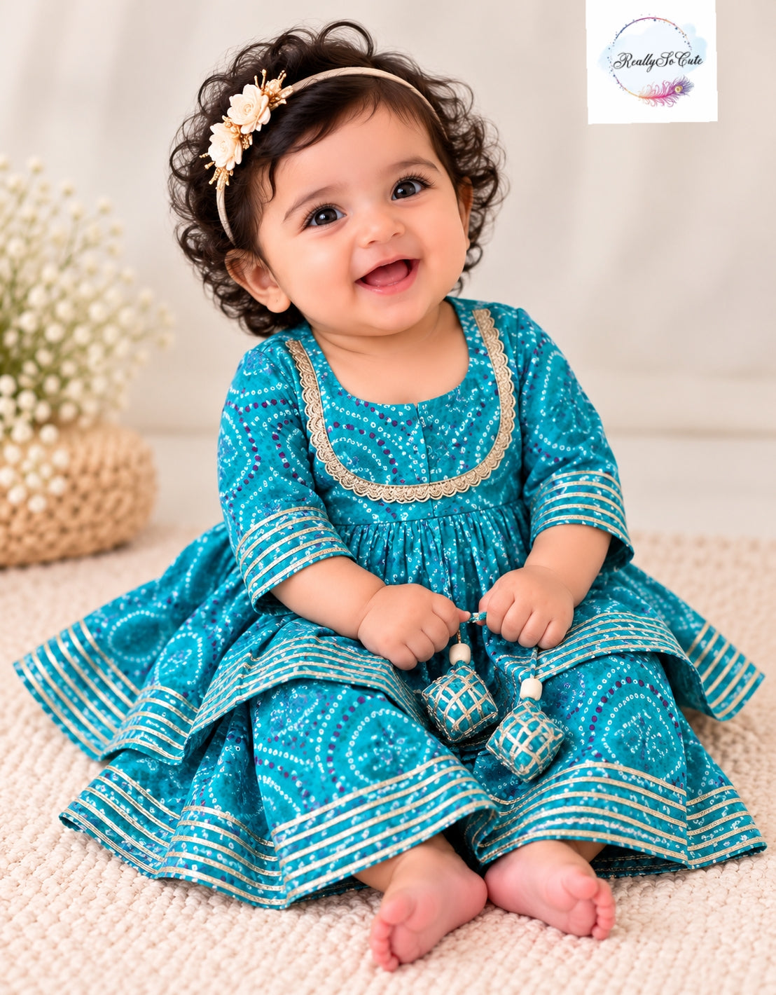 Baby Girls Multicolor blue Bandhani Ethnic Wear Sets | 0–6 Months