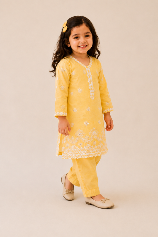 Buttercup Yellow Girls Kurta Sharara Set | Pure Cotton Festive Wear | Sibling Matching Outfit | 3M–15Y