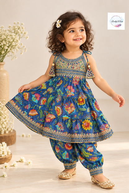 Girls Royal Blue Floral Muslin Cotton Kurti with Afghani Pants Set | Ethnic Wear kids