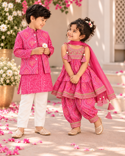 Boys Pink Bandhani Kurta Pajama Jacket Set
