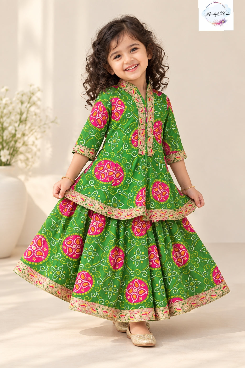 Girls Green Bandhani Print Pure Cotton kurta lehanga Set | 1–5 Years