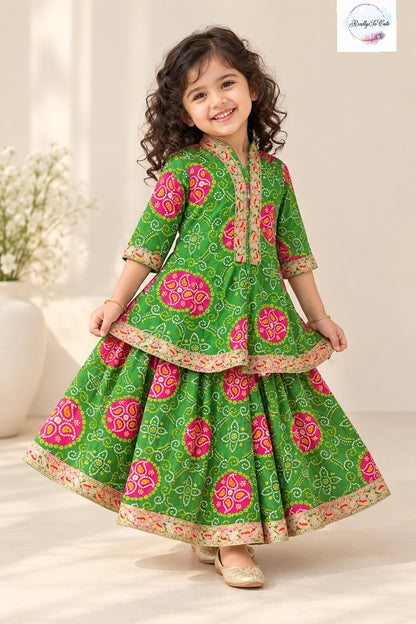 Girls Green Bandhani Print Pure Cotton kurta lehanga Set | 1–5 Years