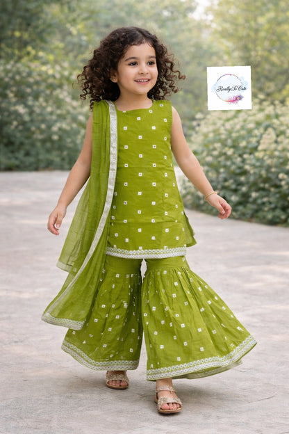 Girls Soft Cotton Mirror Work Kurta Sharara Set with Dupatta | Sleeveless Ethnic Outfit (3M–15Y)