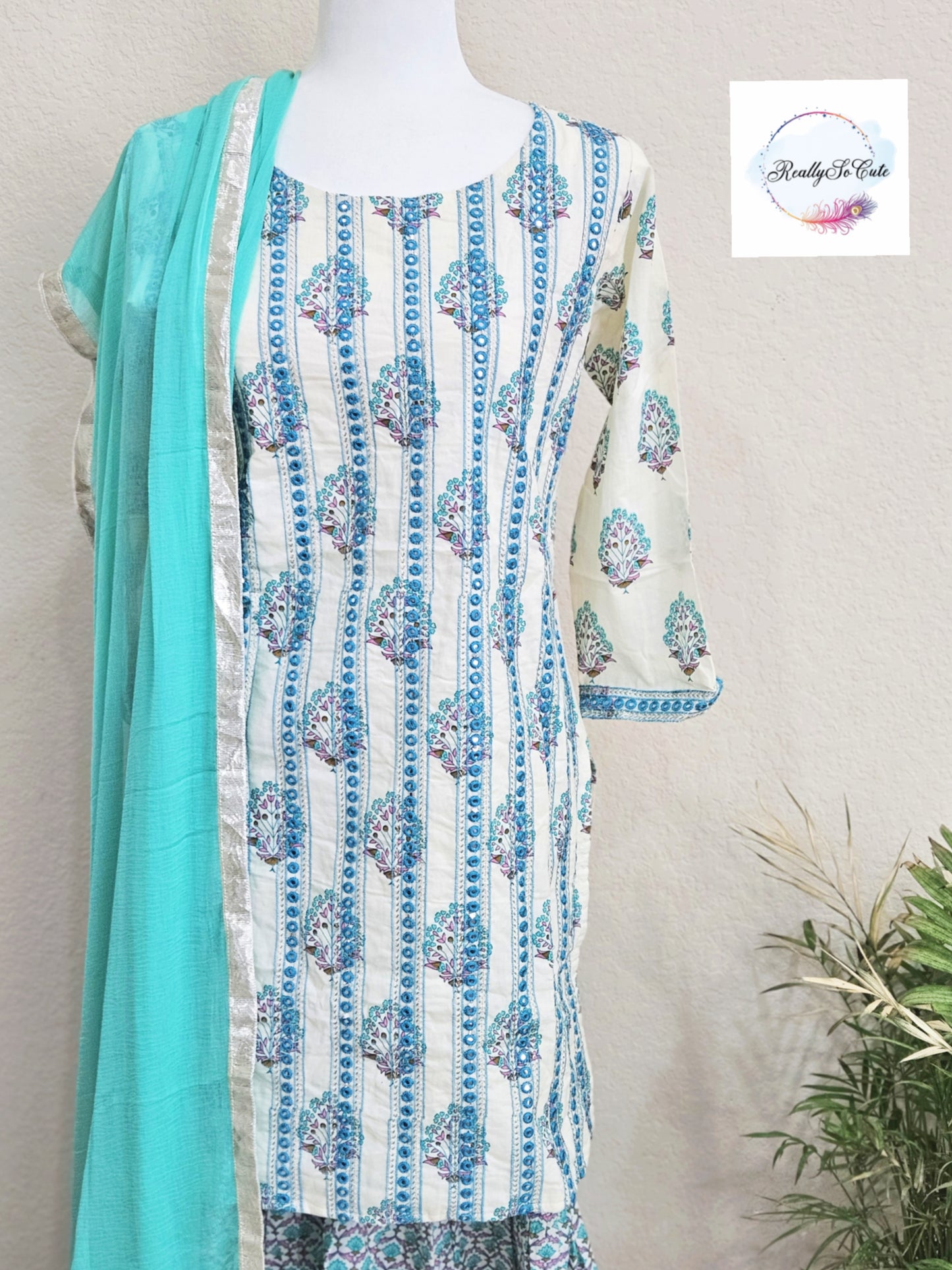 Aqua blue Block Print Cotton Kurta & Sharara Set for Women (Mom Only), block print set