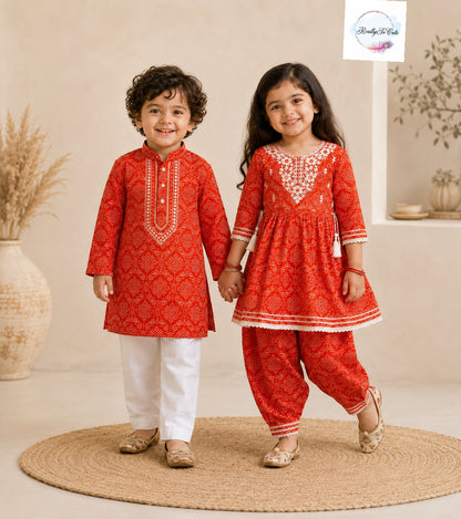 Rust Pure Cotton Mirror Work Kurta Pant Set for Girls