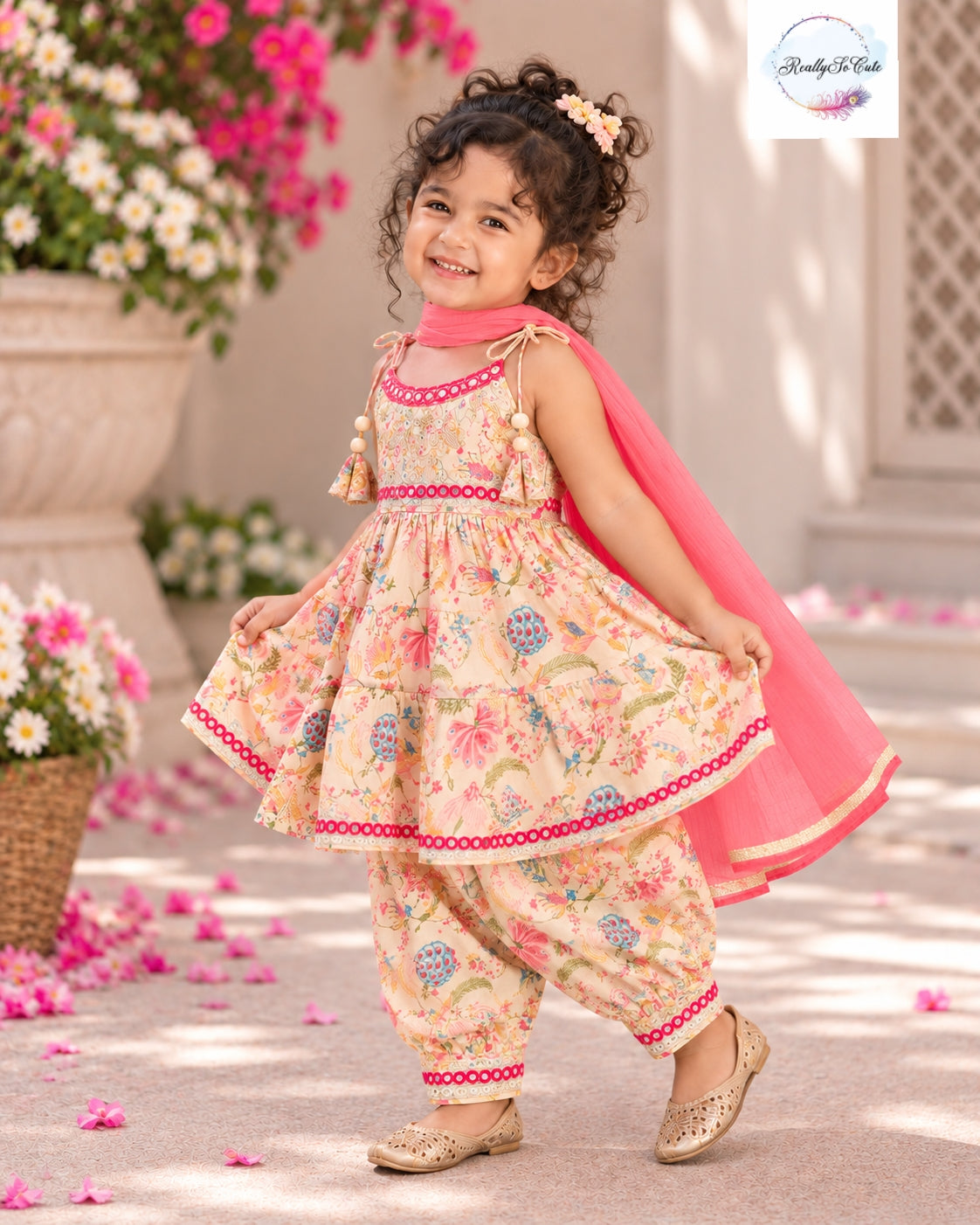 Girls Pure Cotton Floral Tiered Ethnic Set with Dupatta | Sibling Combo